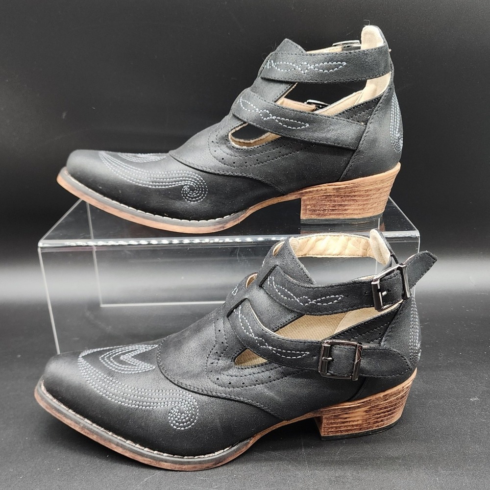Roper 9.5 Black Western Cut Out Buckle Ankle Boots Cowgirl Boho Festival Rodeo